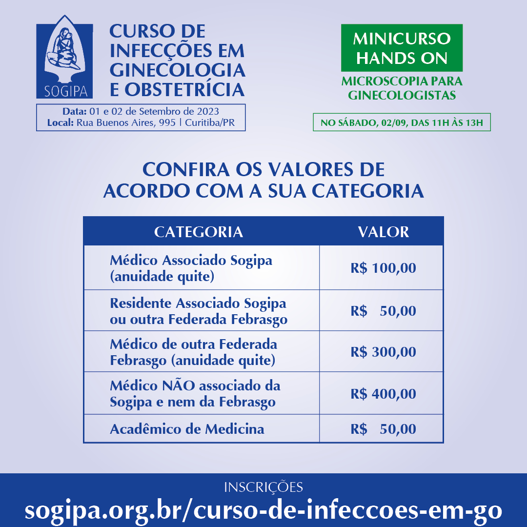 Card-valores-categorias  Sogipa - Sociedade de Obstetrícia e Ginecologia  do Paraná